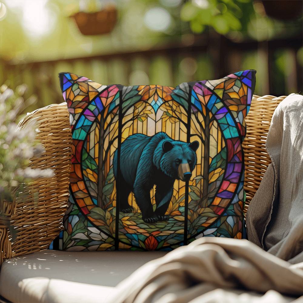 Bear stained glass throw pillow, indoor outdoor wildlife decor, cozy home accent for animal lovers