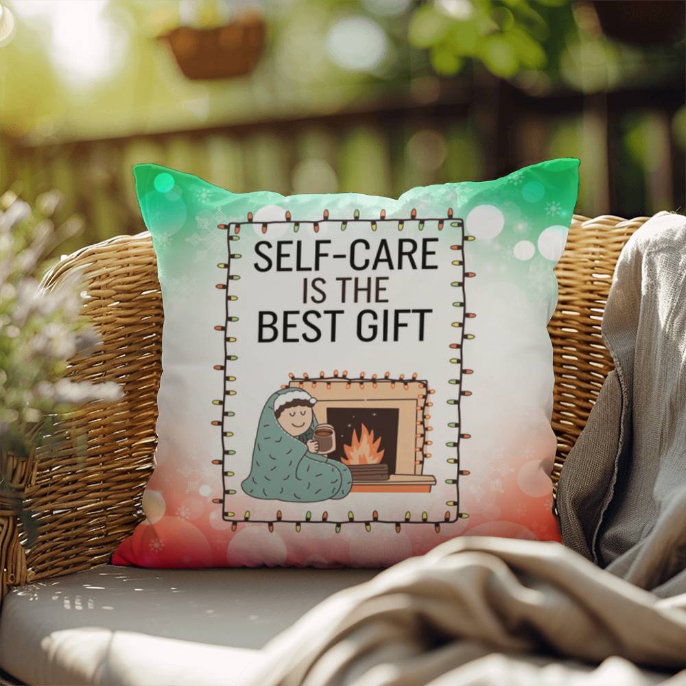 Self-Care is the Best Gift Throw Pillow - Holiday mental health cozy decorative Christmas pillow
