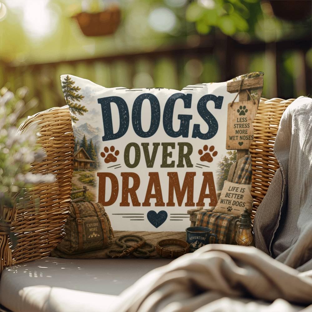 Shop our dogs over drama throw pillow featuring the 18" x 18" style option from MySisterIsASurvivor.