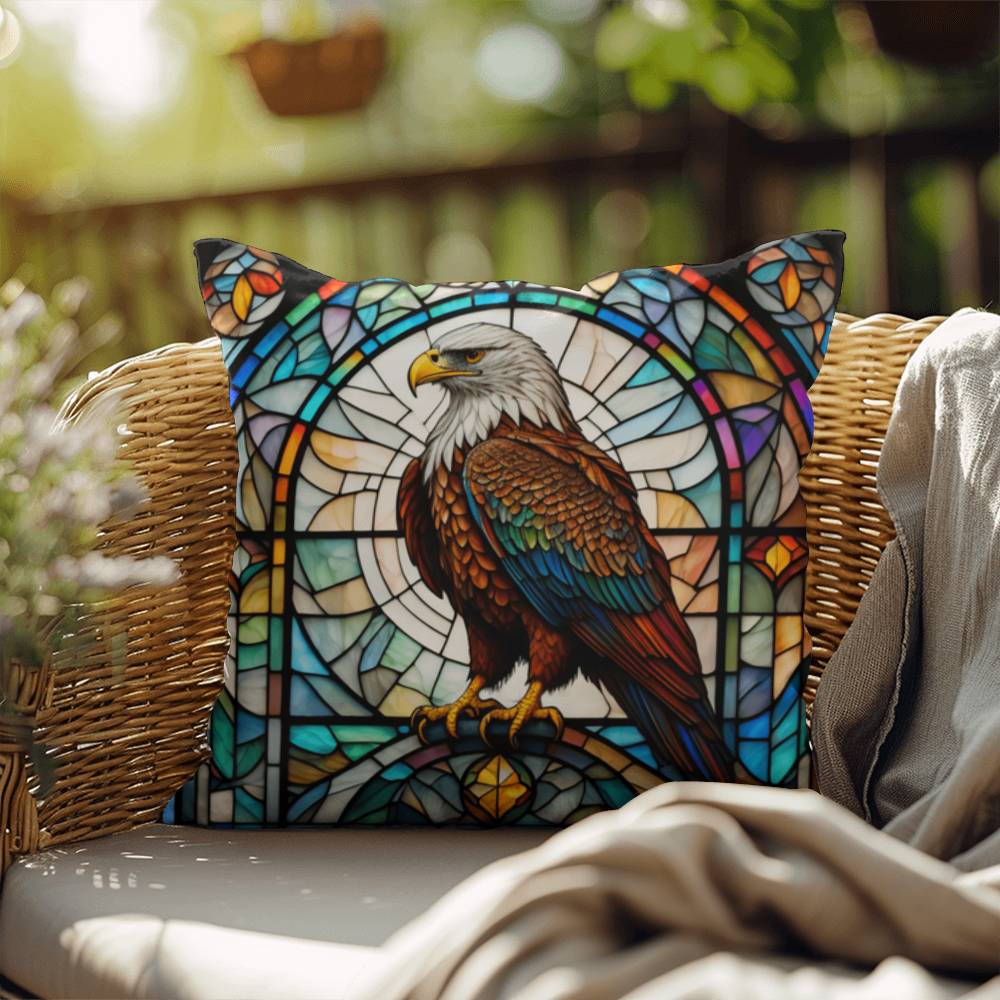 Eagle stained glass throw pillow, birds of prey wildlife decor, indoor outdoor home accent