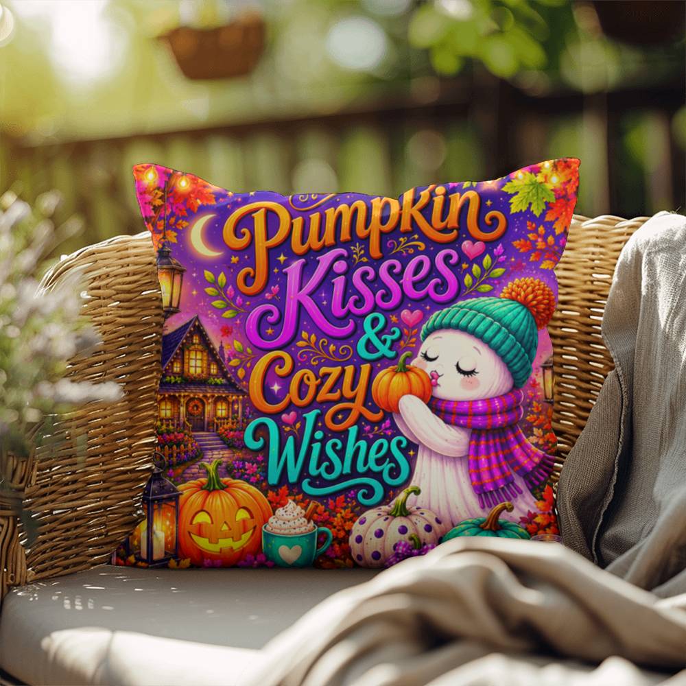 Pumpkin Kisses & Cozy Wishes saying with cute autumn artwork on a Halloween throw pillow