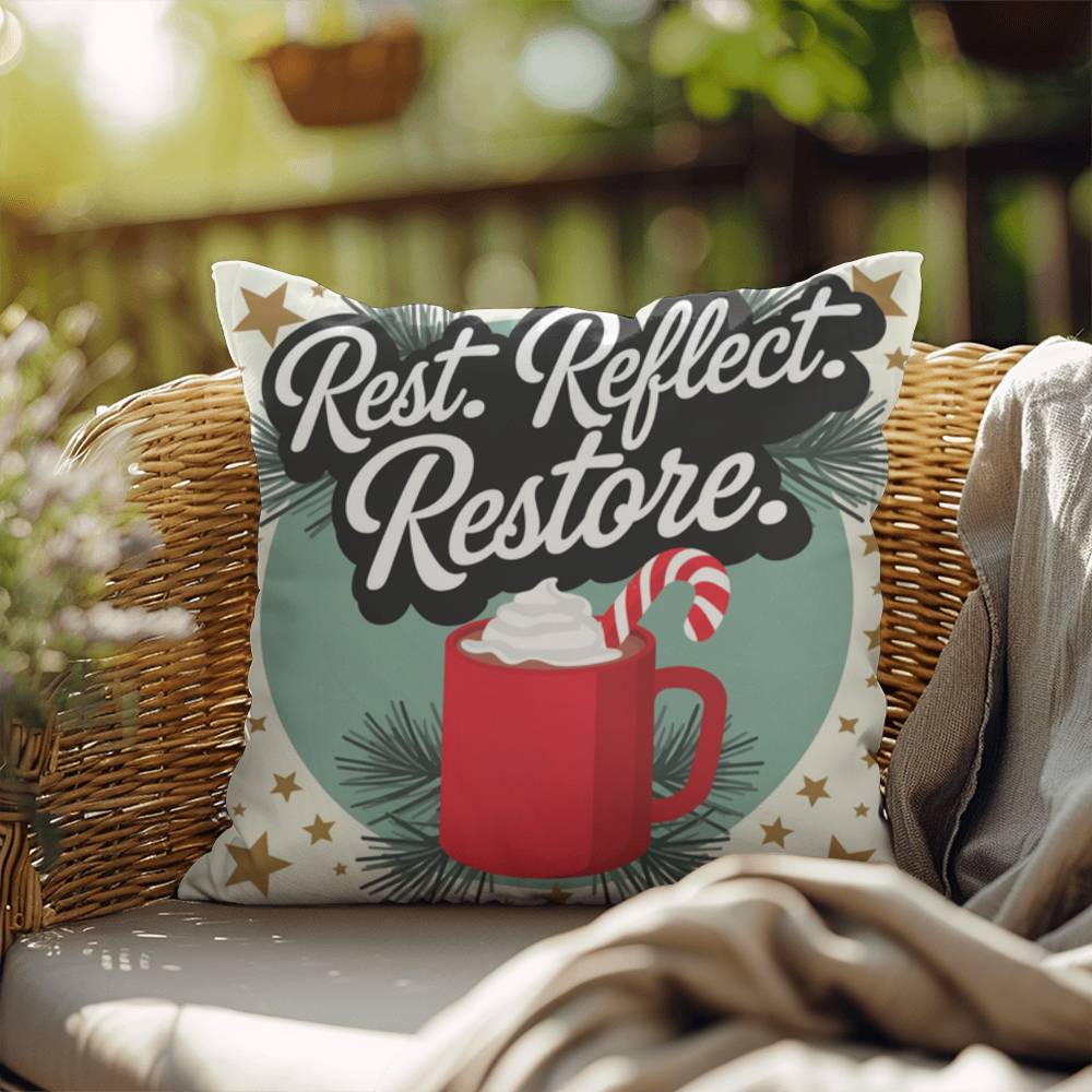 Rest. Reflect. Restore Throw Pillow - Peaceful Christmas pillow for rest and mindfulness