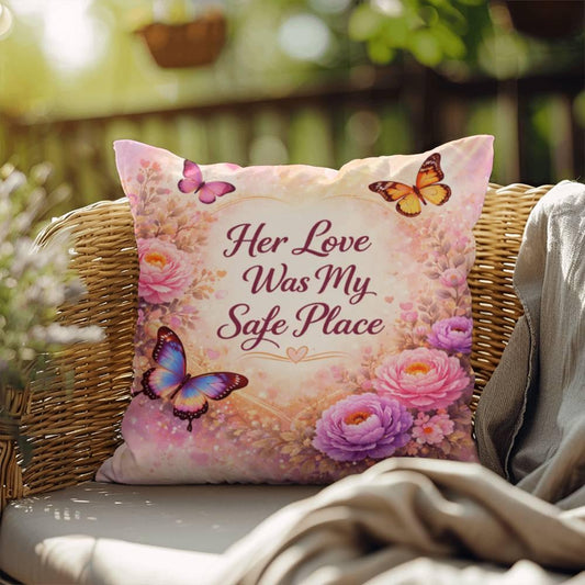 Shop our her love was my safe place throw pillow featuring the 18" x 18" style option from MySisterIsASurvivor.