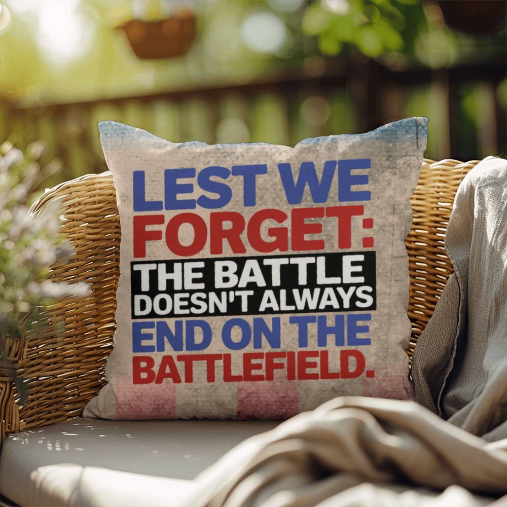Lest We Forget custom military remembrance pillow for PTSD support, Memorial Day tribute, and honoring veteran service