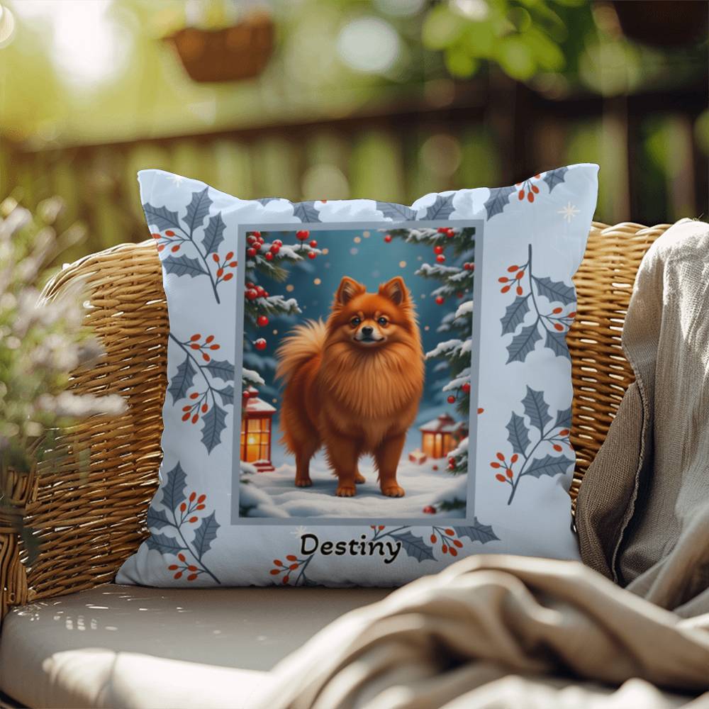 Pomeranian Red Pillow - Winter Pom throw pillow, indoor dog decor, festive home accent