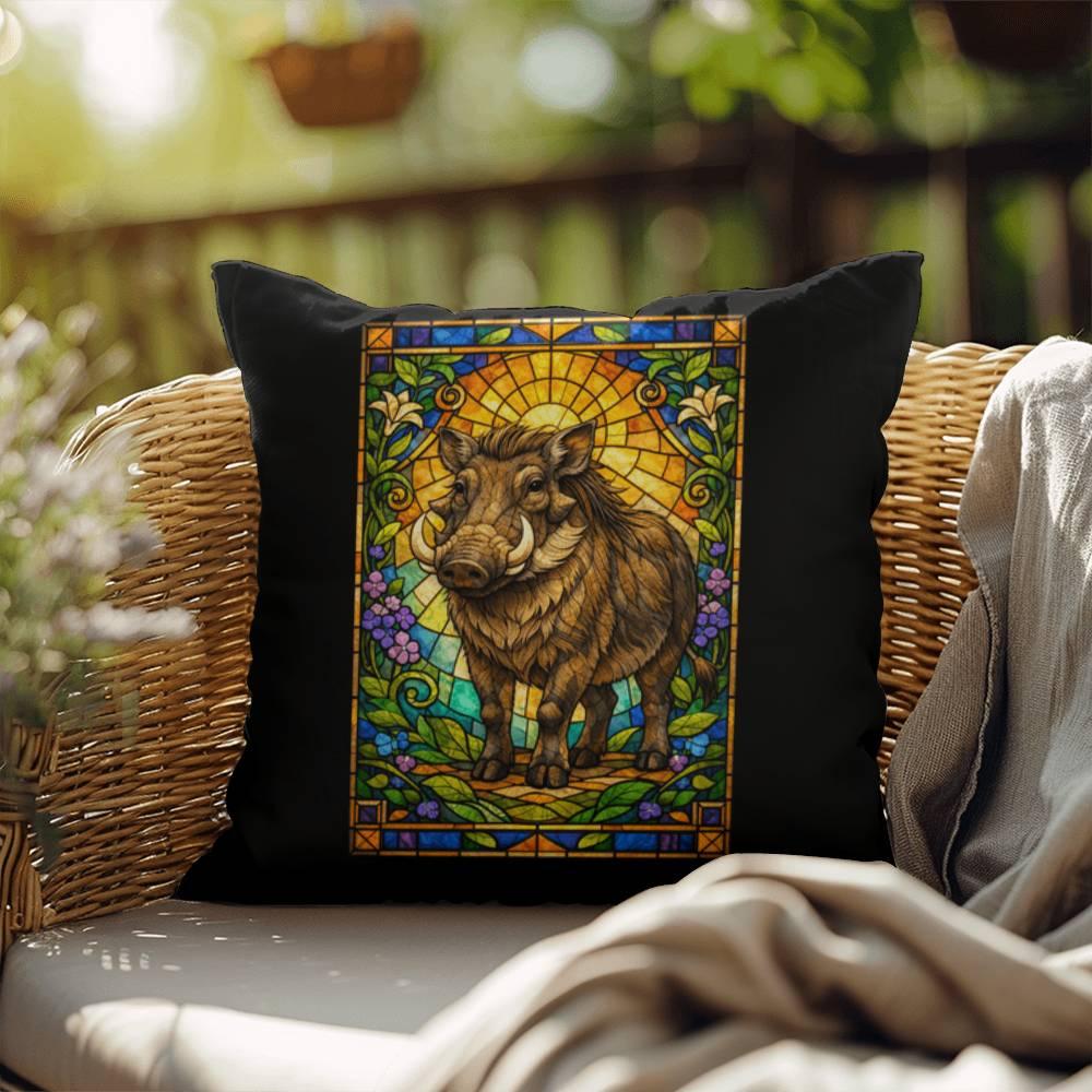 Shop our warthog stained glass style throw pillow featuring the 18" x 18" style option from MySisterIsASurvivor.