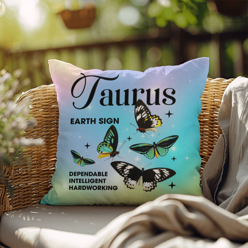 Taurus Butterfly Indoor/Outdoor Pillow – Zodiac Astrology Decor, Boho Accent for Home & Patio