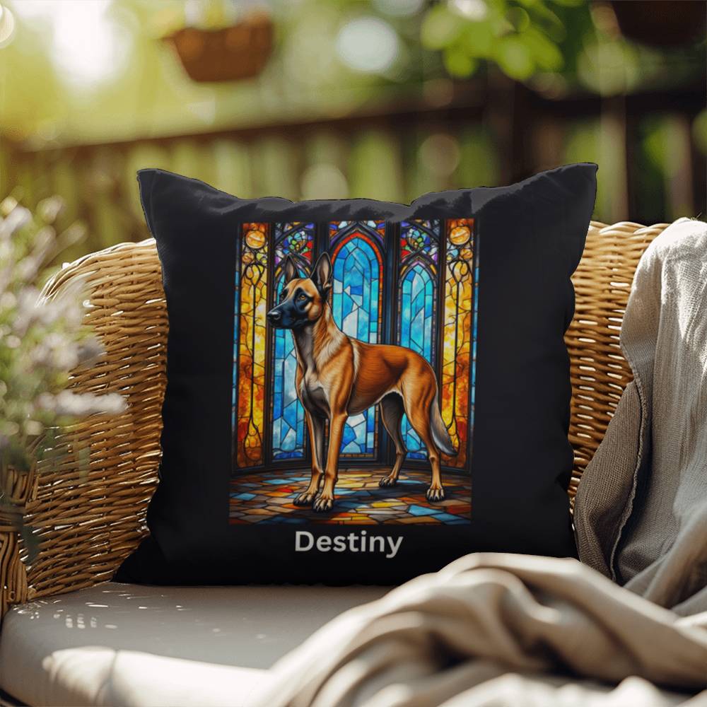 Belgian Malinois (Mahogany) Indoor/Outdoor Pillow - Personalized Stained Glass Dog Tribute & Comfort Gift