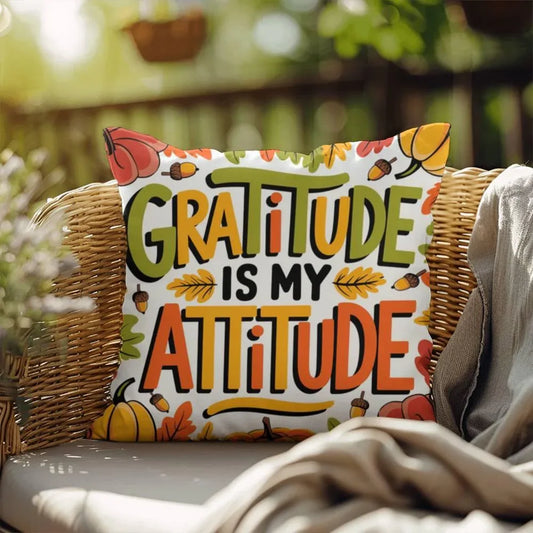 Shop our gratitude is my attitude indoor outdoor pillow featuring the 18" x 18" style option from MySisterIsASurvivor.