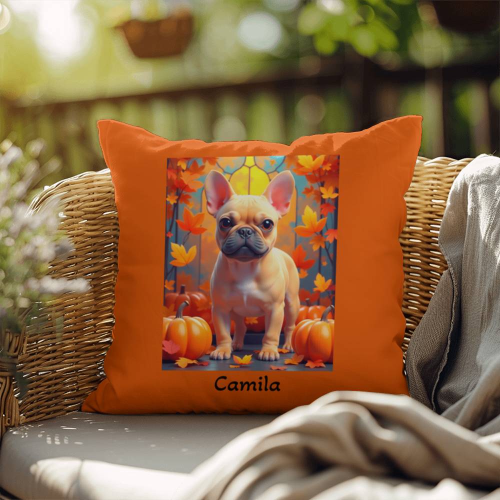 Fawn French Bulldog pillow, personalized indoor outdoor dog cushion, custom Frenchie accent - MySisterIsASurvivor
