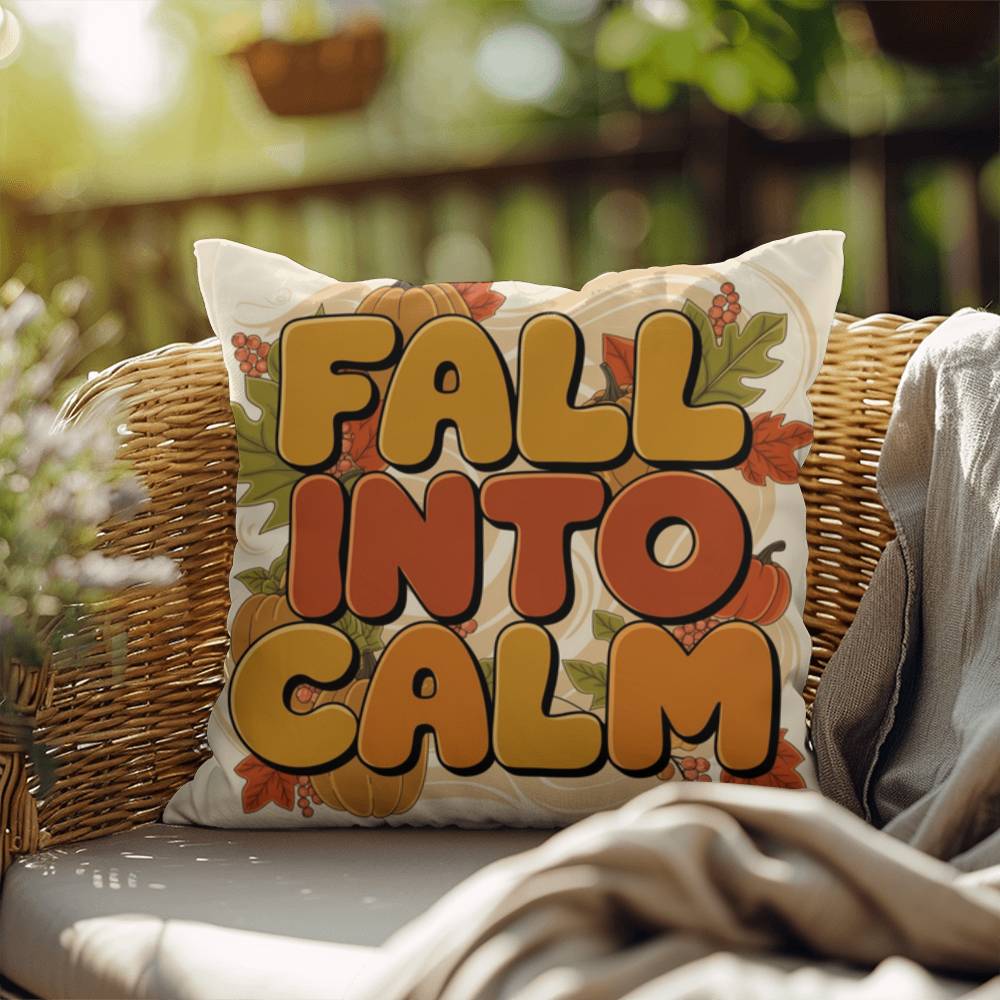 Fall Into Calm throw pillow with autumn gratitude quote, cozy seasonal comfort for Thanksgiving décor