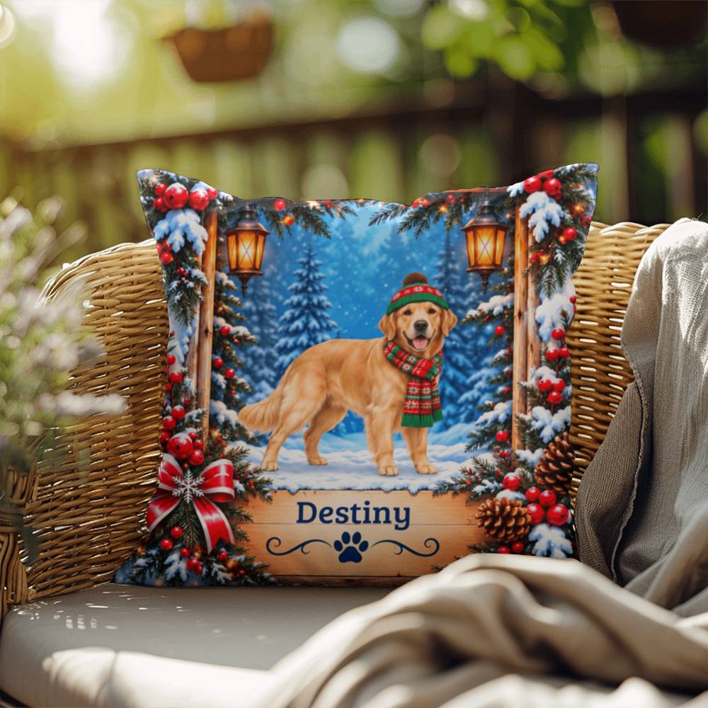 Golden Retriever (Light Golden Coat) - Personalized Snowy Woodland Pillow, Custom Dog Name Gift