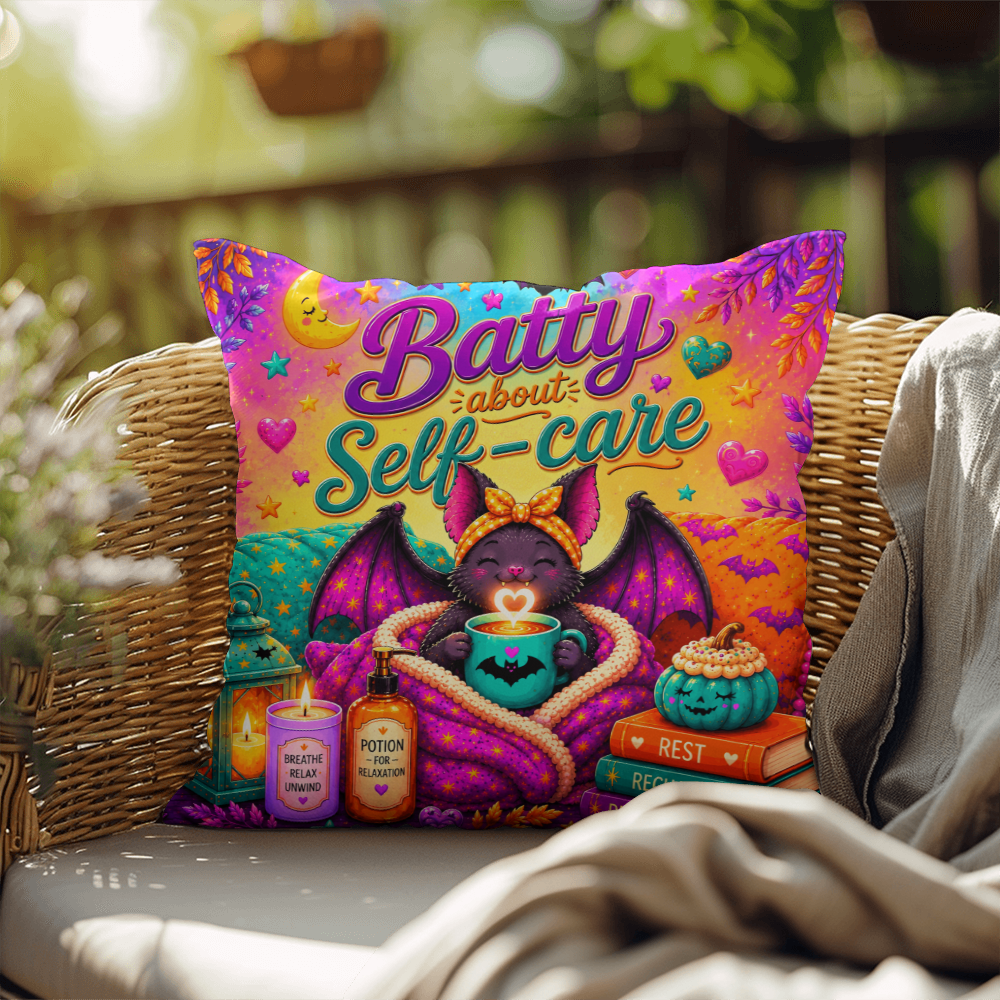 Batty About Self-Care quote with smiling bat illustration on a Halloween pillow focused on daily wellness