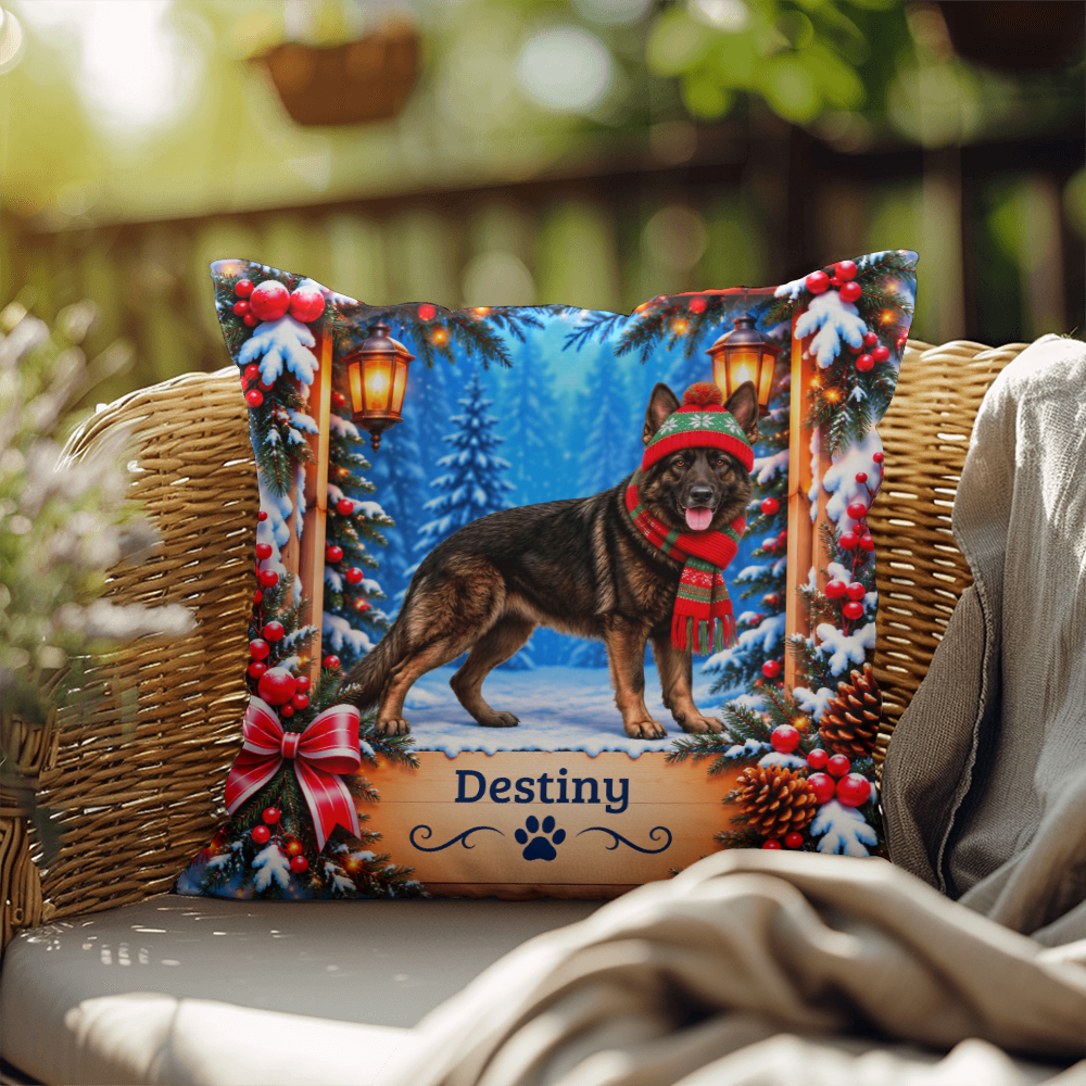 German Shepherd (Dark Sable Coat) - Personalized Woodland Name Pillow, Winter Gift for GSD Owners