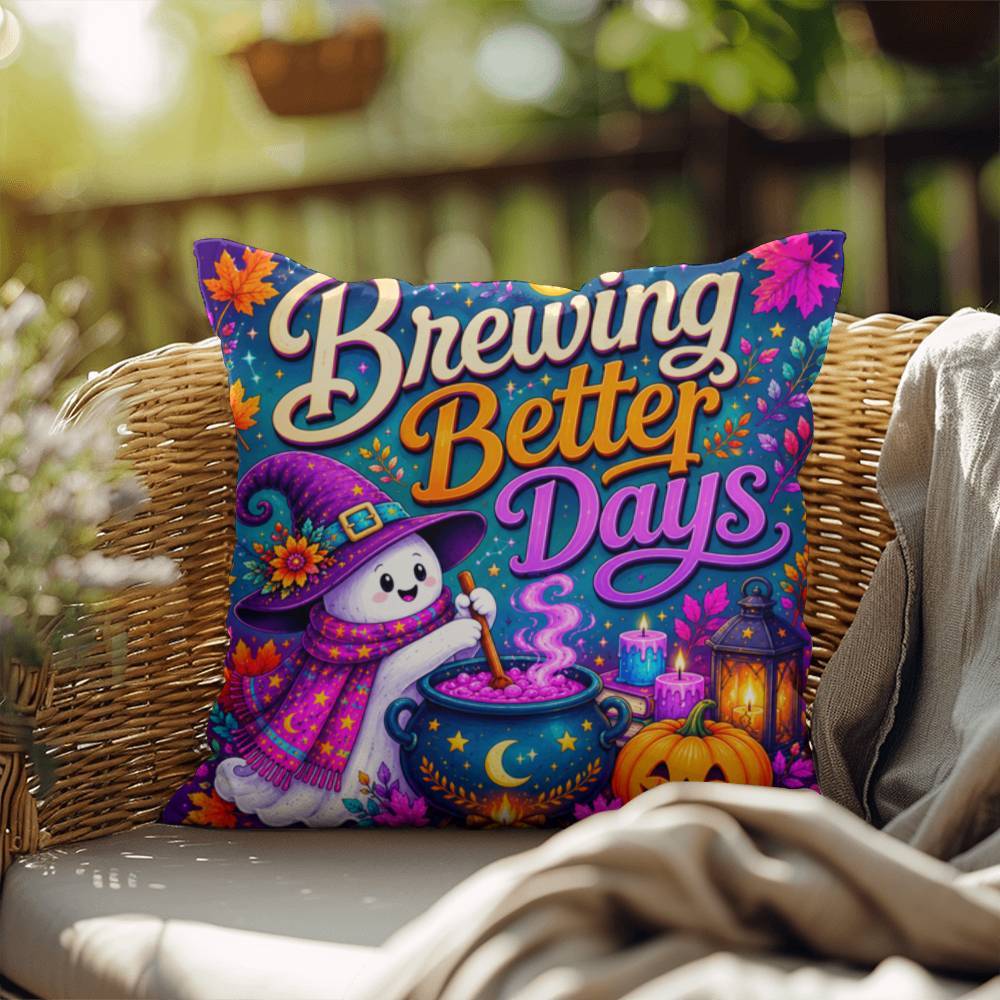 Brewing Better Days Halloween Throw Pillow - Witch Ghost Cauldron Healing Gift