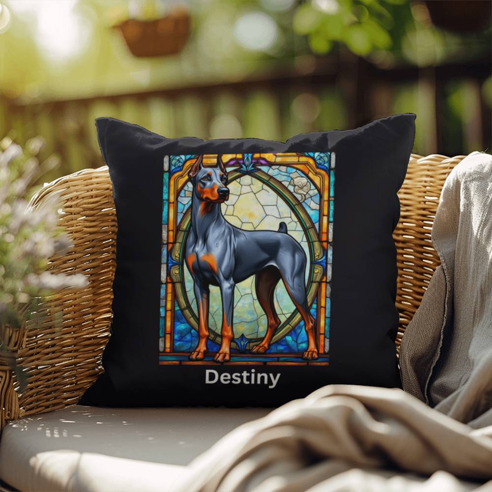 Doberman Pinscher (Blue & Rust) Indoor/Outdoor Pillow - Personalized Stained Glass Dog Tribute & Comfort Gift