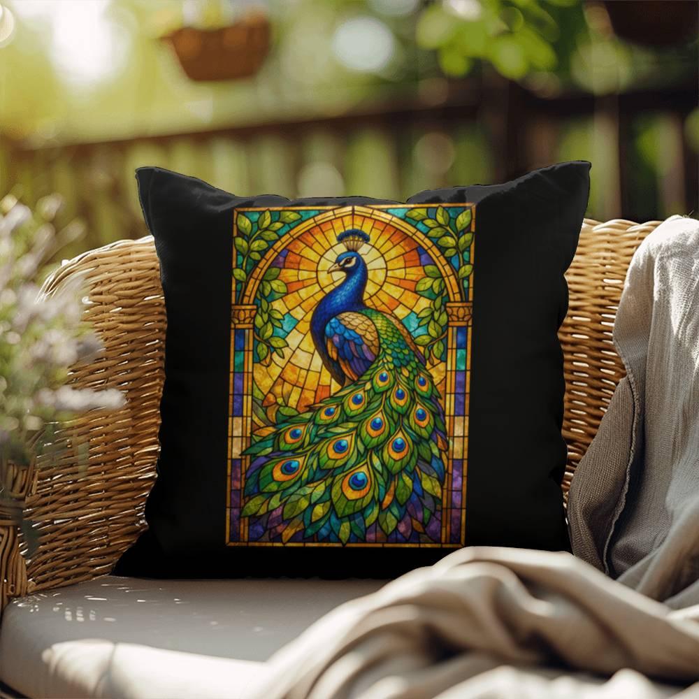Shop our peacock stained glass style throw pillow featuring the 18" x 18" style option from MySisterIsASurvivor.