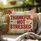 Thankful, Not Stressed pillow featuring uplifting Thanksgiving quote with autumn seasonal décor