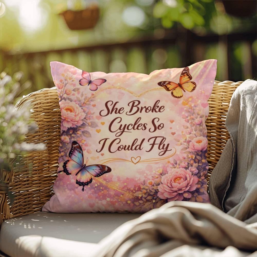 Shop our she broke cycles so i could fly throw pillow featuring the 18" x 18" style option from MySisterIsASurvivor.