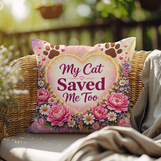 Shop our my cat saved me too throw pillow featuring the 18" x 18" style option from MySisterIsASurvivor.