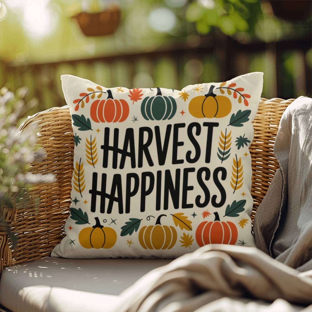Harvest Happiness throw pillow with fall mindfulness quote, cozy colors and seasonal home décor