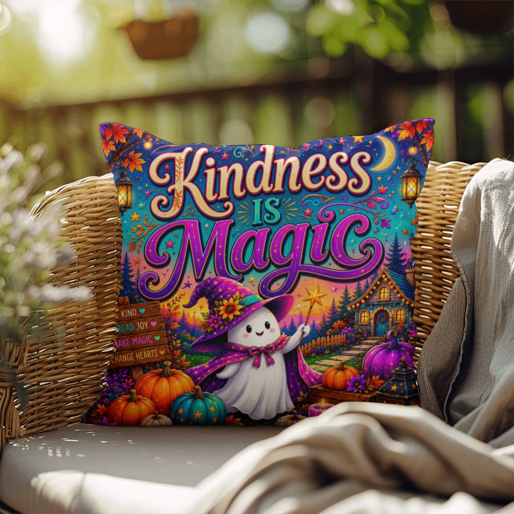 Kindness Is Magic quote with cheerful Halloween artwork on a positive decorative throw pillow