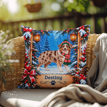 Australian Shepherd (Red Merle Tri, Amber Eyes) - Personalized Aussie Pillow, Winter Keepsake Gift