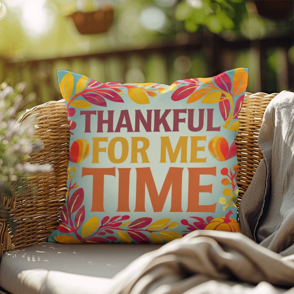 Thankful For Me Time throw pillow with fall mindfulness message and bright cozy home décor