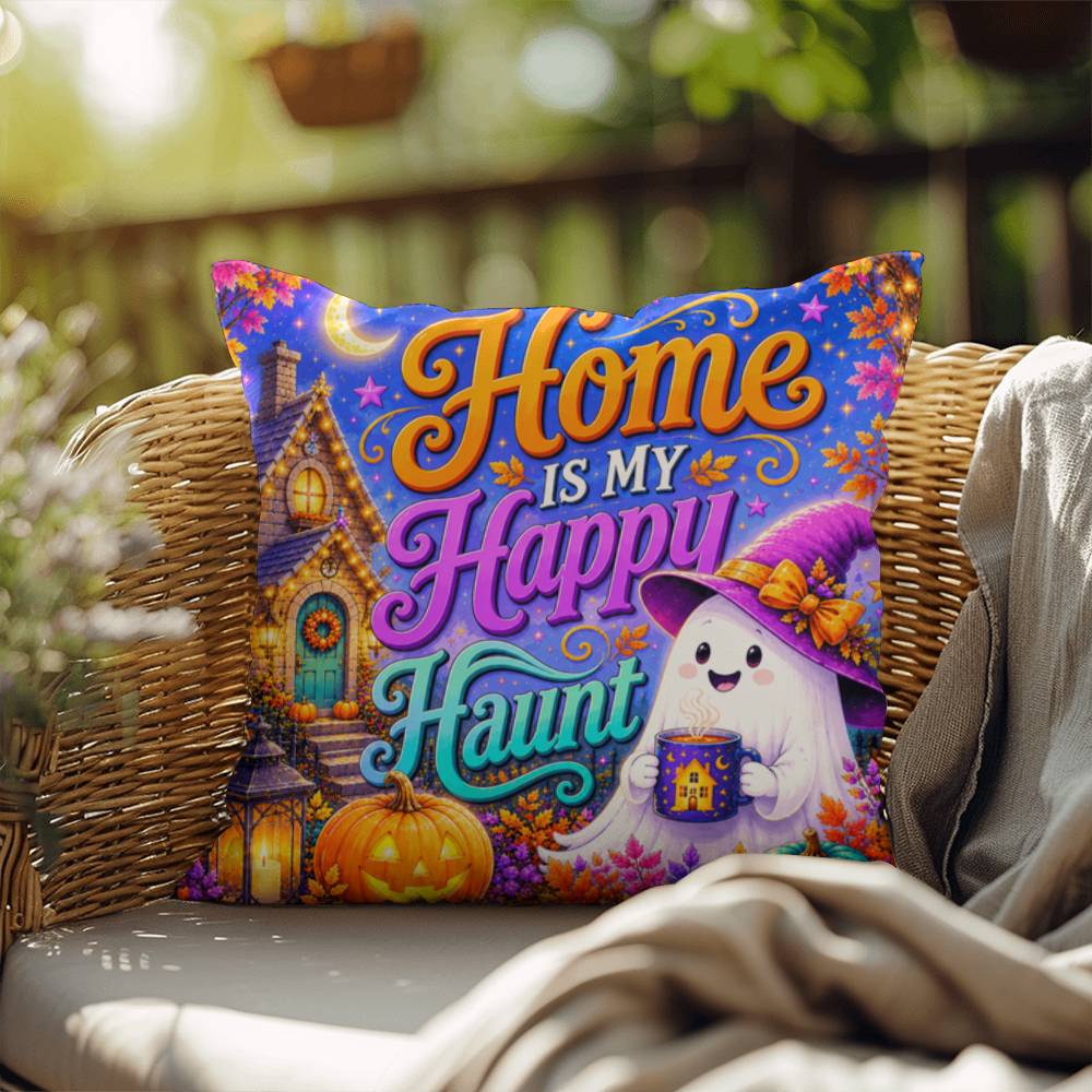 Home Is My Happy Haunt design with cozy ghost house artwork on a Halloween throw pillow
