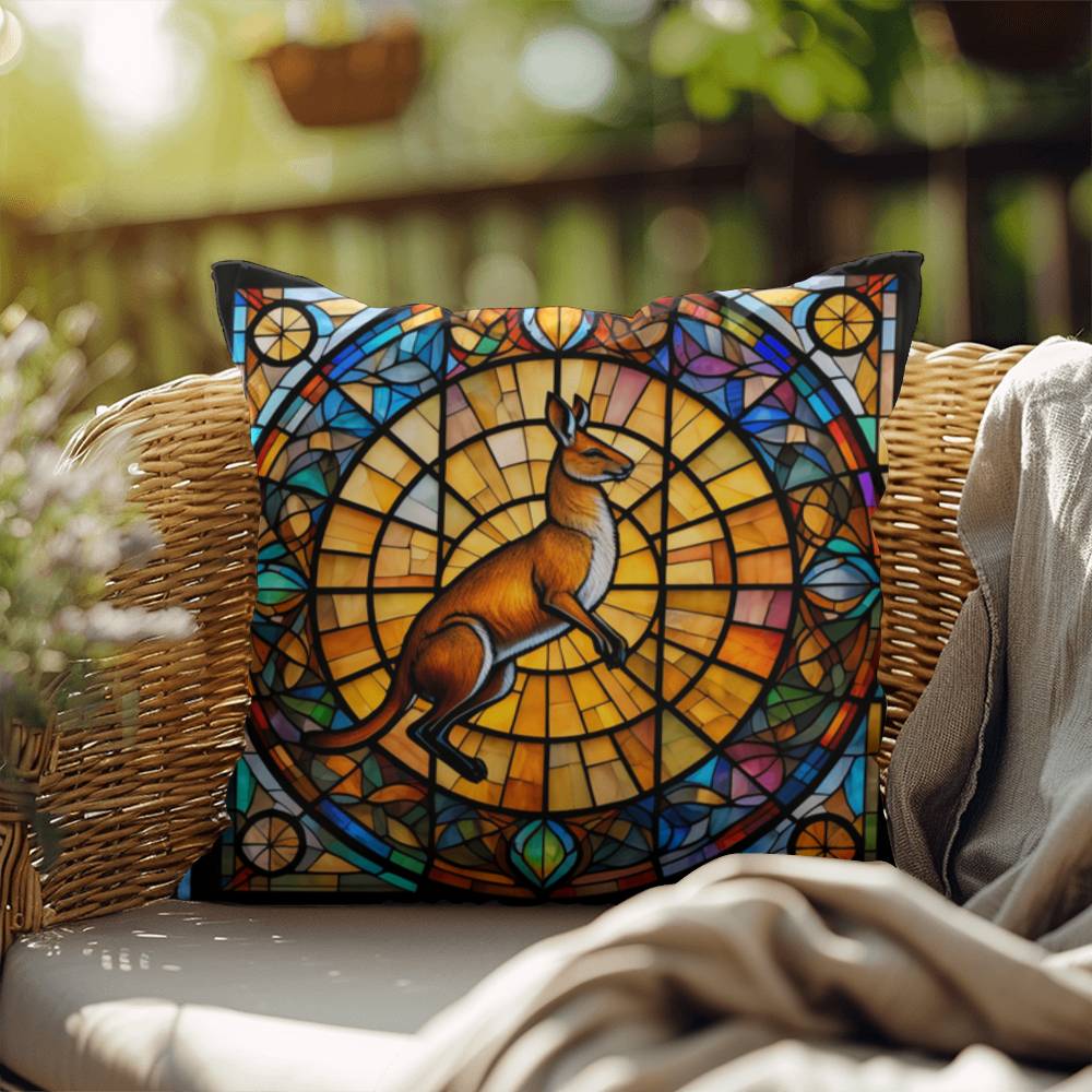 Kangaroo stained glass throw pillow, wildlife animal home decor, indoor outdoor accent pillow