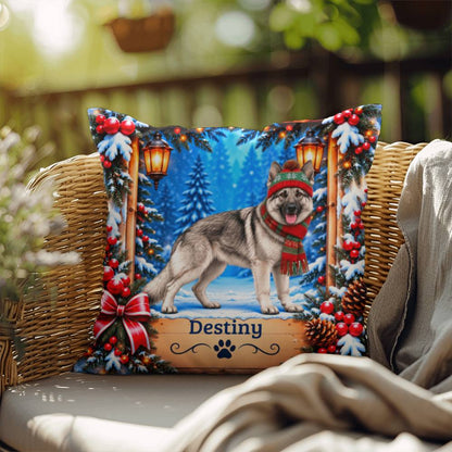German Shepherd (Silver Sable Coat) - Personalized Snowy Forest Pillow, Custom Name Winter Gift - MySisterIsAsurvor