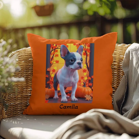 Shop our blue pied french bulldog indoor outdoor pillow featuring the 18" x 18" style option from MySisterIsASurvivor.