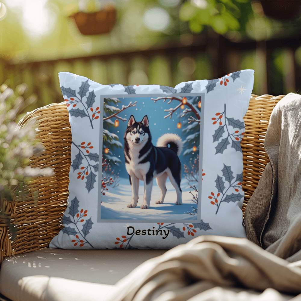 Husky Black & White Pillow - Snow dog winter throw pillow, indoor/outdoor Husky accent, holiday decor