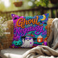 Too Ghoul For Negativity quote with positive ghost artwork on a Halloween throw pillow