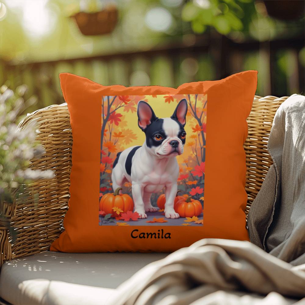 Black Pied French Bulldog pillow, personalized indoor outdoor dog cushion, custom Frenchie decor - MySisterIsASurvivor