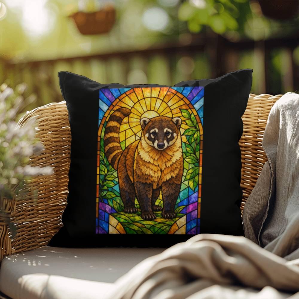 Shop our coati stained glass style throw pillow featuring the 18" x 18" style option from MySisterIsASurvivor.