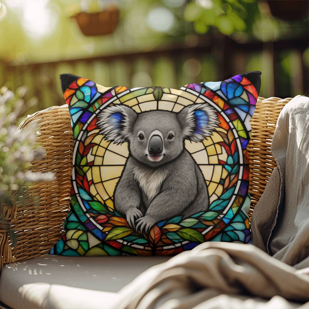 Koala stained glass throw pillow, Australian wildlife decor, indoor outdoor home accent