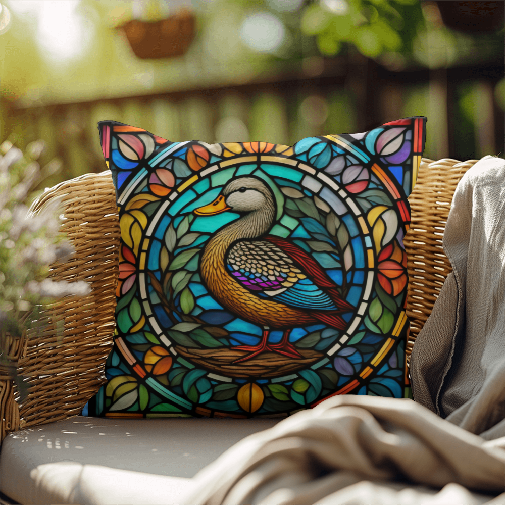 Duck stained glass throw pillow, indoor outdoor farm animal decor, home accent pillow