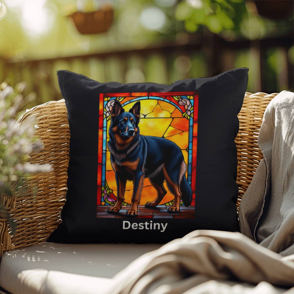 German Shepherd (Black and Red) Indoor/Outdoor Pillow - Personalized Stained Glass Dog Tribute & Comfort Gift