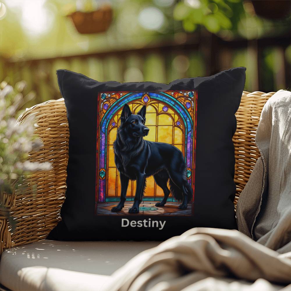 German Shepherd (Black) Indoor/Outdoor Pillow - Personalized Stained Glass Dog Tribute & Comfort Gift