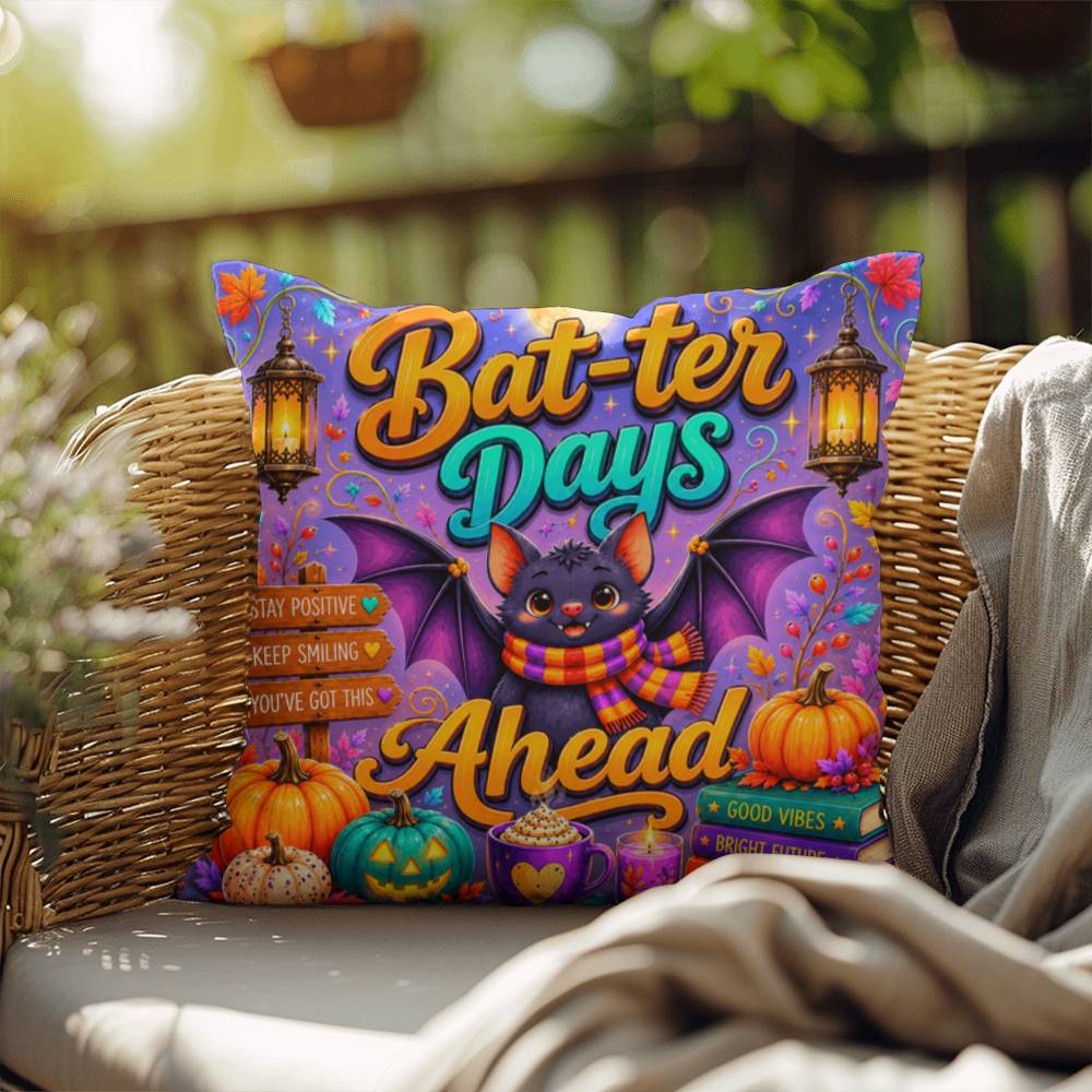 Bat-ter Days Ahead quote with cheerful bat artwork on a colorful Halloween throw pillow with uplifting fall vibes