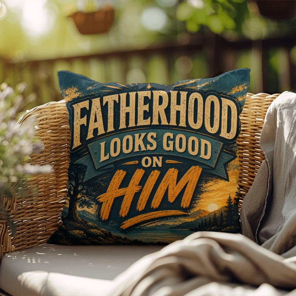 Shop our fatherhood looks good on him throw pillow featuring the 18" x 18" style option from MySisterIsASurvivor.