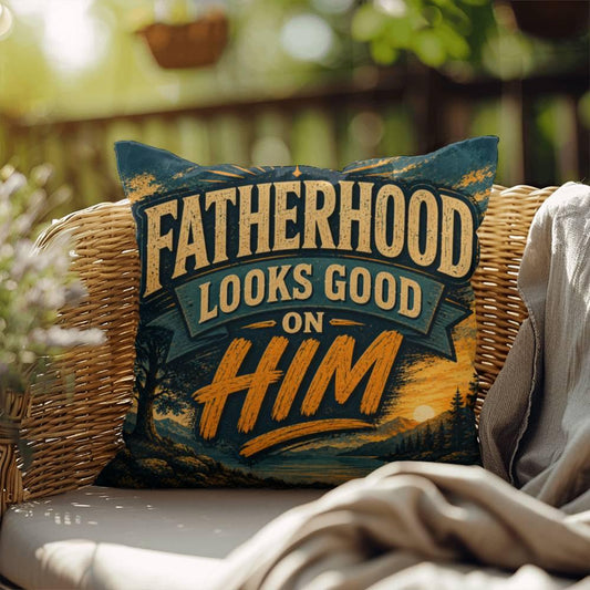 Shop our fatherhood looks good on him throw pillow featuring the 18" x 18" style option from MySisterIsASurvivor.