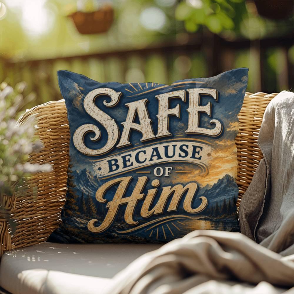 Shop our safe because of him throw pillow featuring the 18" x 18" style option from MySisterIsASurvivor.
