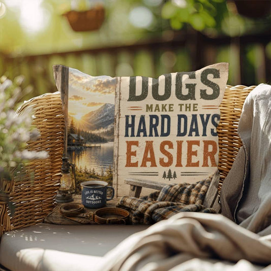 Shop our dogs make the hard days easier throw pillow featuring the 18" x 18" style option from MySisterIsASurvivor.