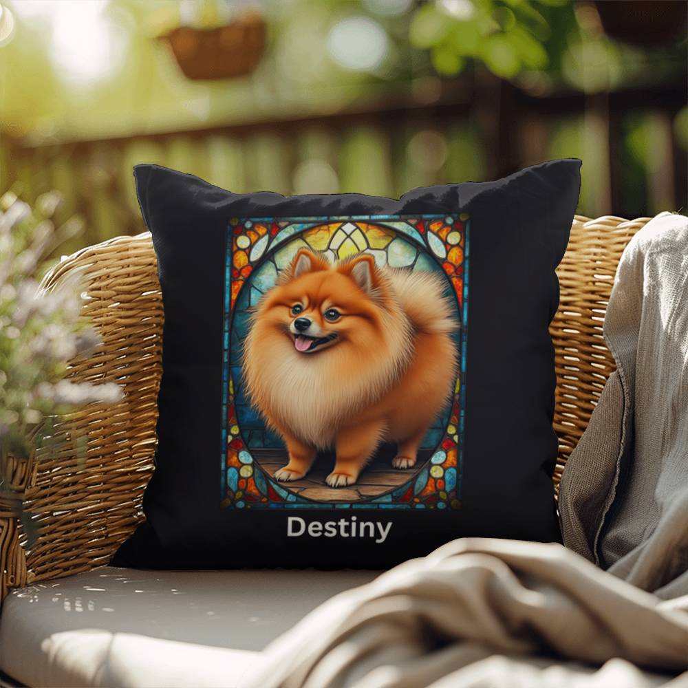 Pomeranian (Red Sable) Indoor/Outdoor Pillow - Personalized Stained Glass Dog Tribute & Comfort Gift
