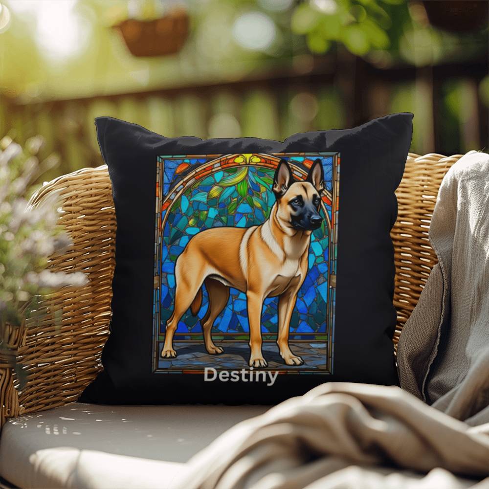 Belgian Malinois (Cream Sable) Indoor/Outdoor Pillow - Personalized Stained Glass Dog Tribute & Comfort Gift