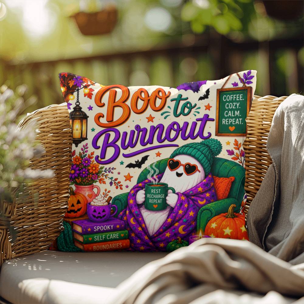Boo To Burnout Halloween Throw Pillow - Coffee Cozy Calm Repeat Ghost Pillow