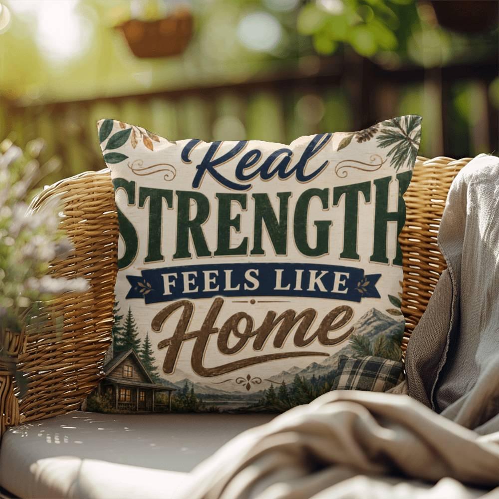 Shop our real strength feels like home throw pillow featuring the 18" x 18" style option from MySisterIsASurvivor.