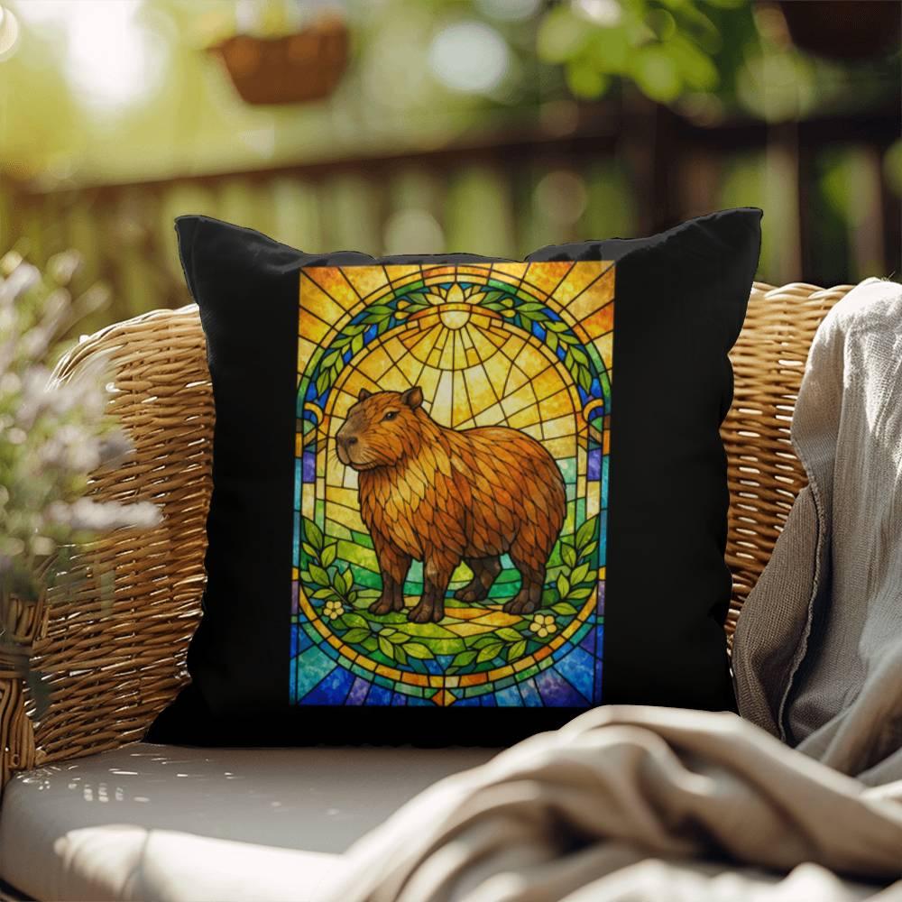 Shop our capybara stained glass style throw pillow featuring the 18" x 18" style option from MySisterIsASurvivor.